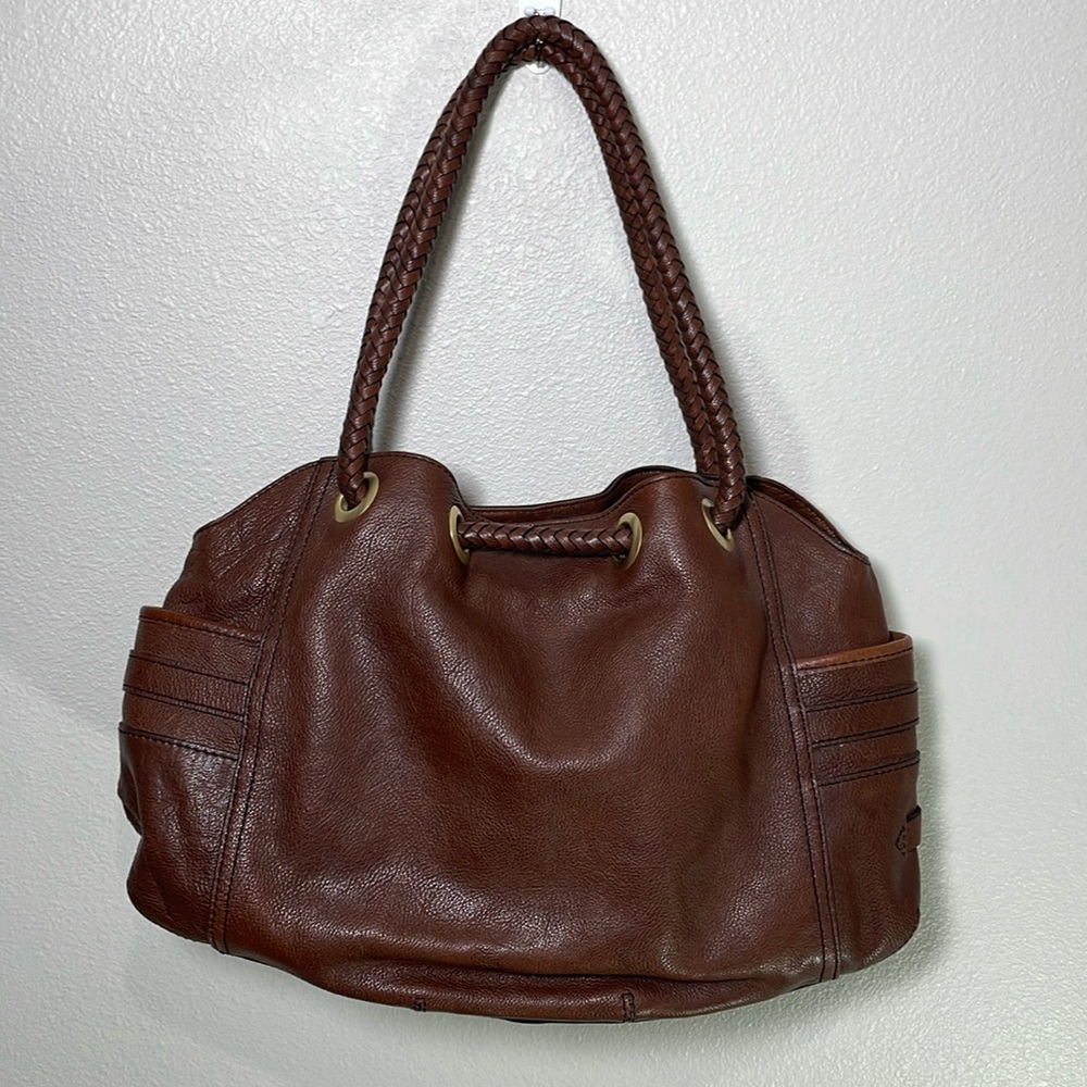 Cole Haan Brown Pebbled Leather Braided Handles Large Shoulder Bag - Picture 4 of 16